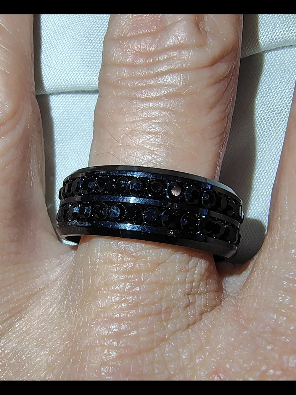 Size 9 Black Stainless Steel Double Row Crystal Band Ring